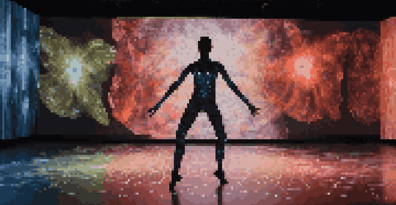 A dancer in a motion capture suit performing in a dark space, surrounded by dynamic digital projections that react to their movements.
