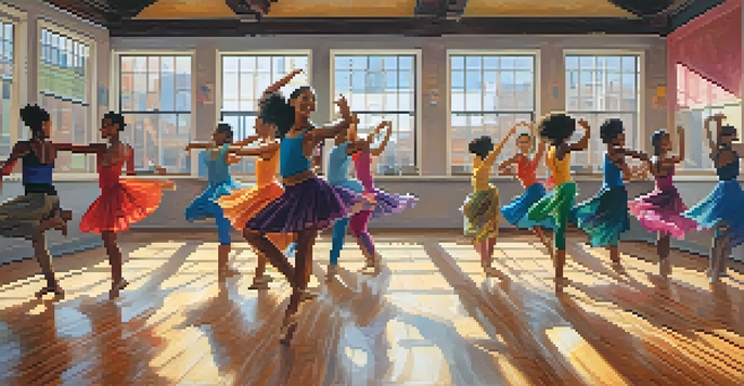 A dance studio with diverse dancers practicing in a bright room, showcasing joy and energy.