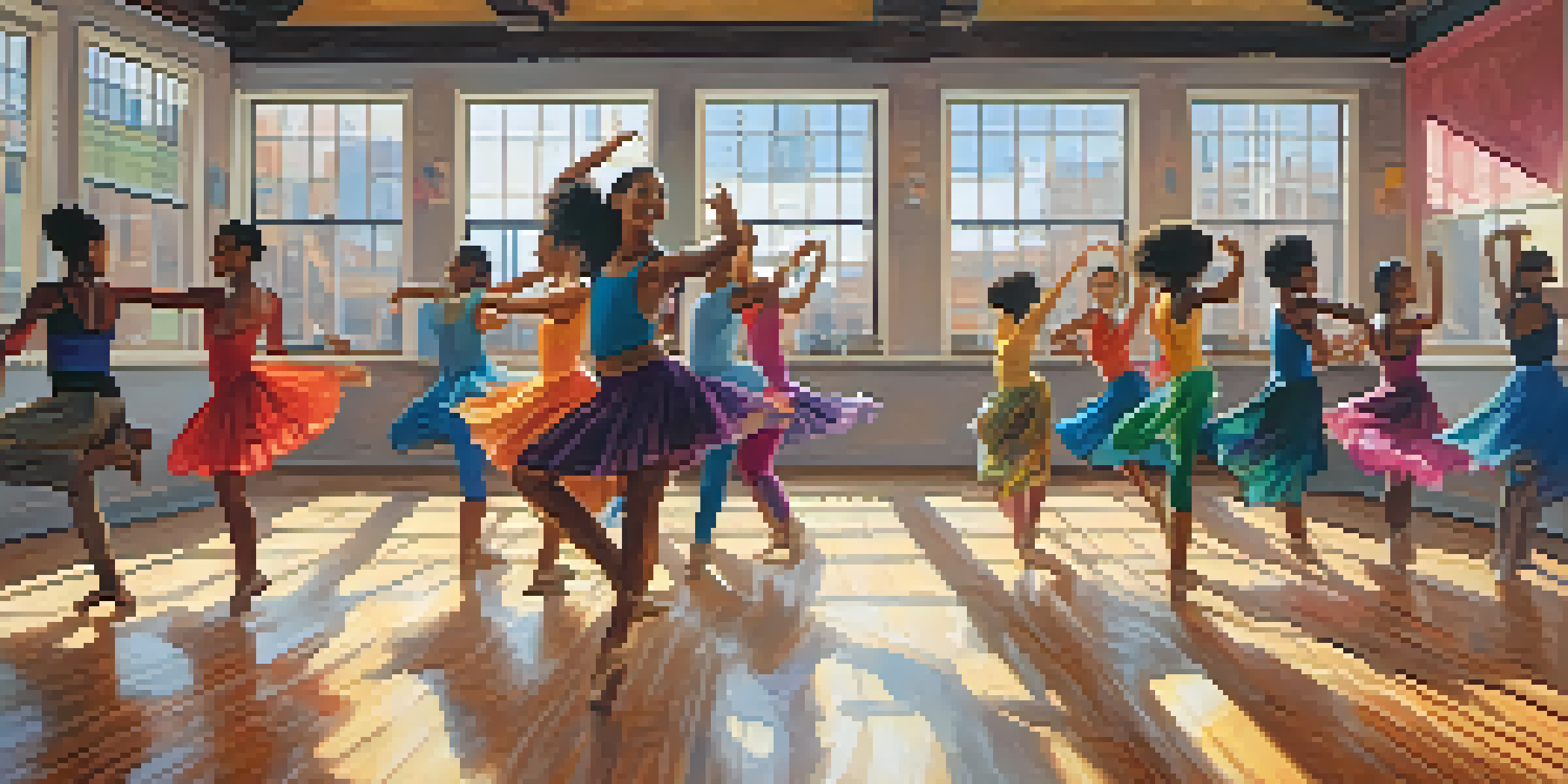 A dance studio with diverse dancers practicing in a bright room, showcasing joy and energy.