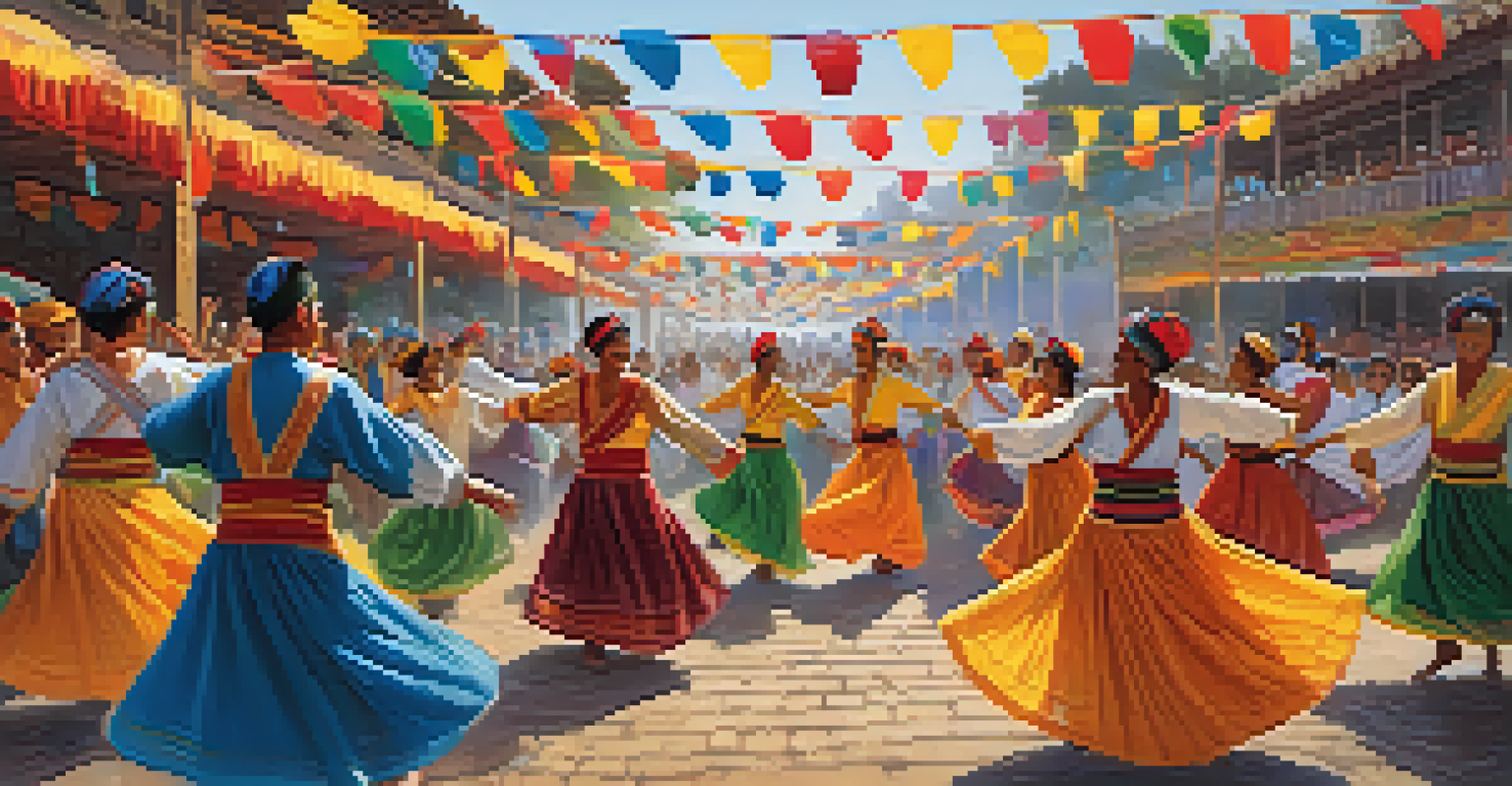Participants in colorful traditional costumes perform folk dances at a lively cultural festival, with spectators enjoying the performance.