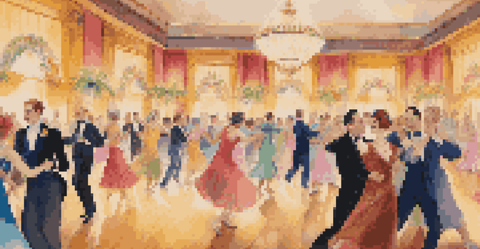 A lively ballroom filled with diverse individuals dancing in elegant attire, with colorful decorations and warm lighting.