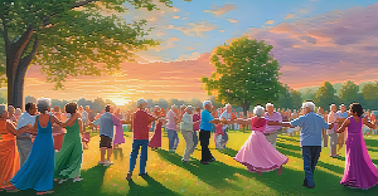 An outdoor dance gathering in a park during sunset with older adults dancing joyfully, surrounded by nature and vibrant colors in the sky.