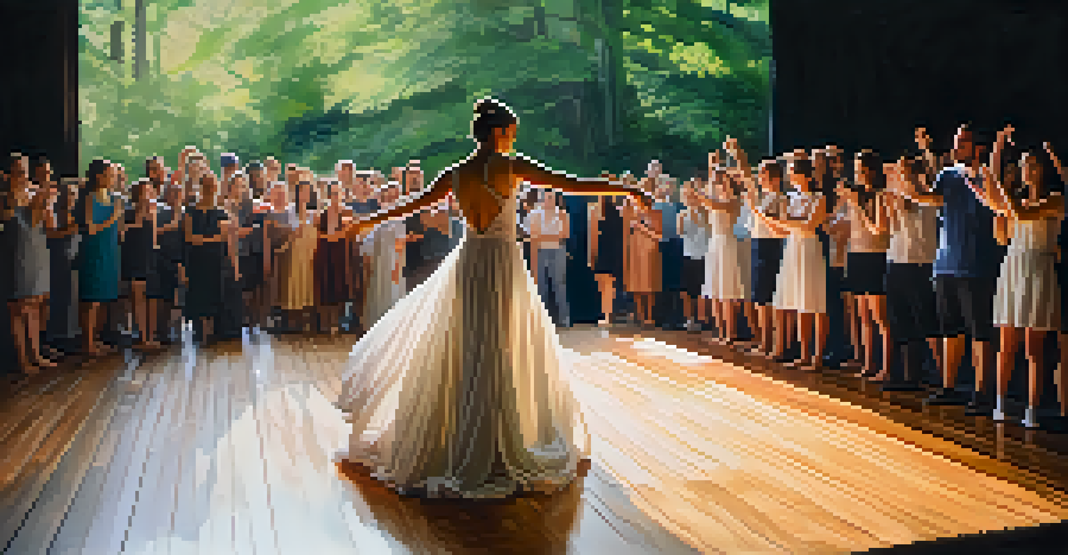 A contemporary dancer performing on a wooden stage surrounded by lush greenery at the Jacob's Pillow Dance Festival.
