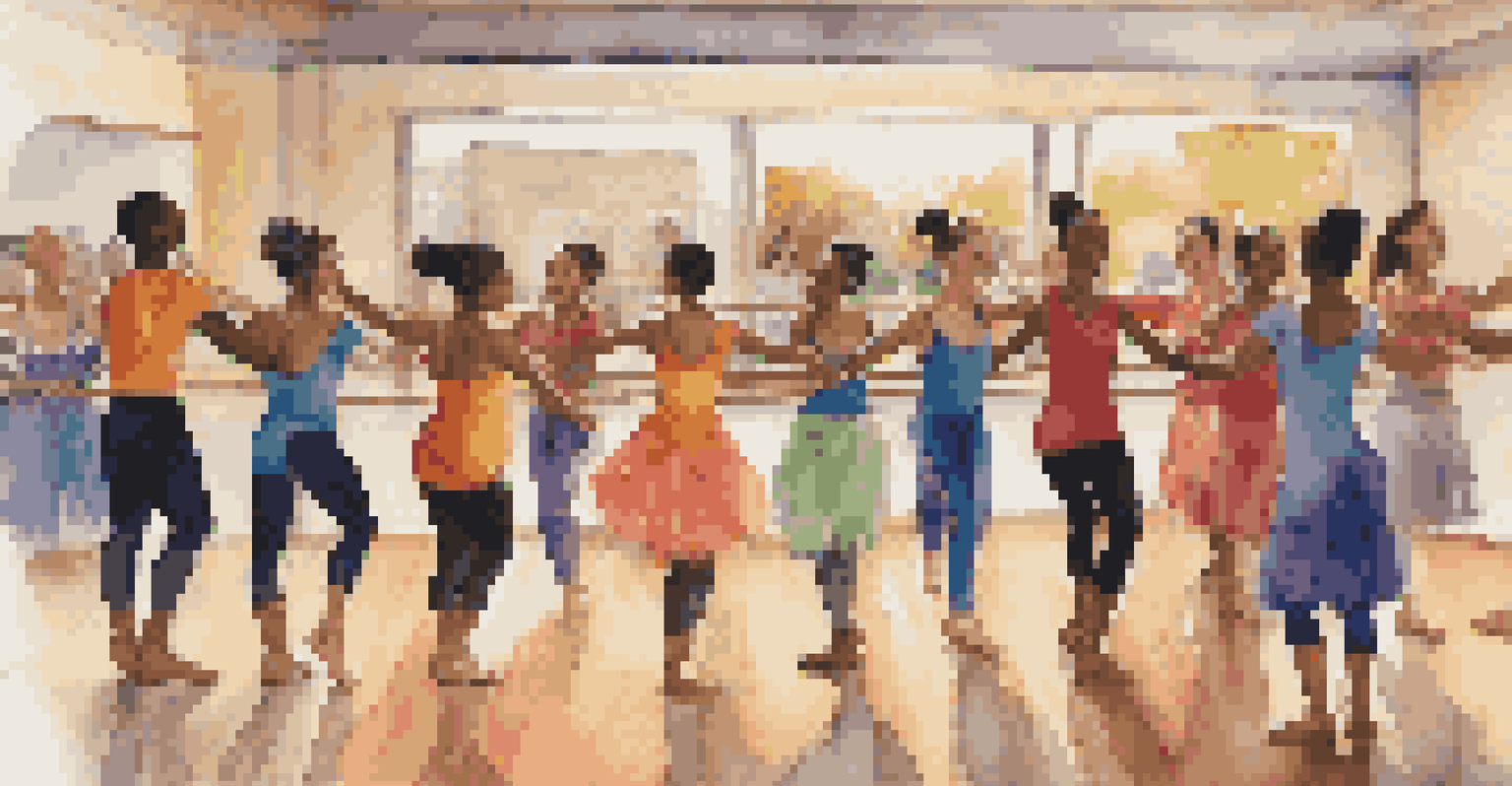 A supportive group of dancers smiling and encouraging each other in a dance studio.