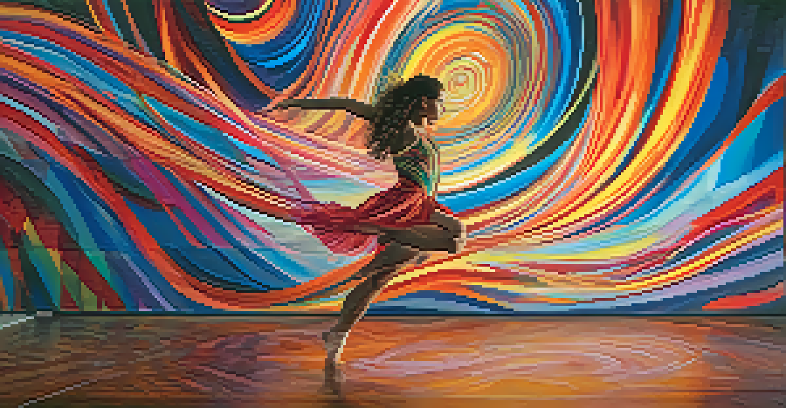 A dancer in motion surrounded by a changing digital projection, expressing deep emotion amidst swirling colors and patterns.