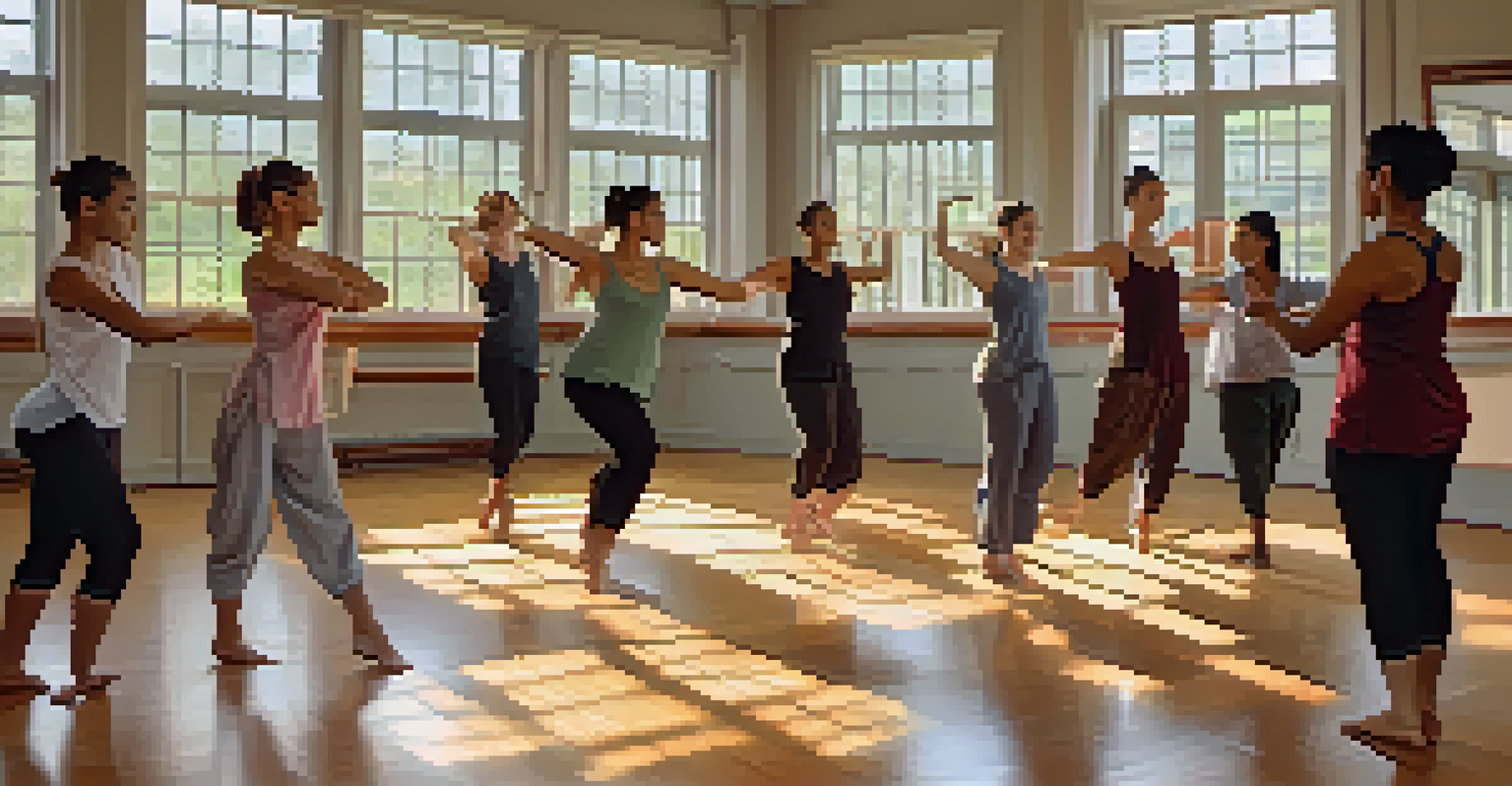 A dance workshop in a studio with a diverse group of students learning from an instructor, showcasing a blend of traditional and modern dance styles.