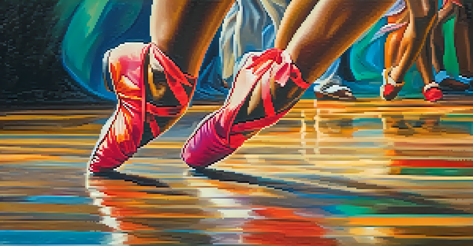 A close-up of colorful dance shoes on a polished wooden floor, conveying energy and movement.