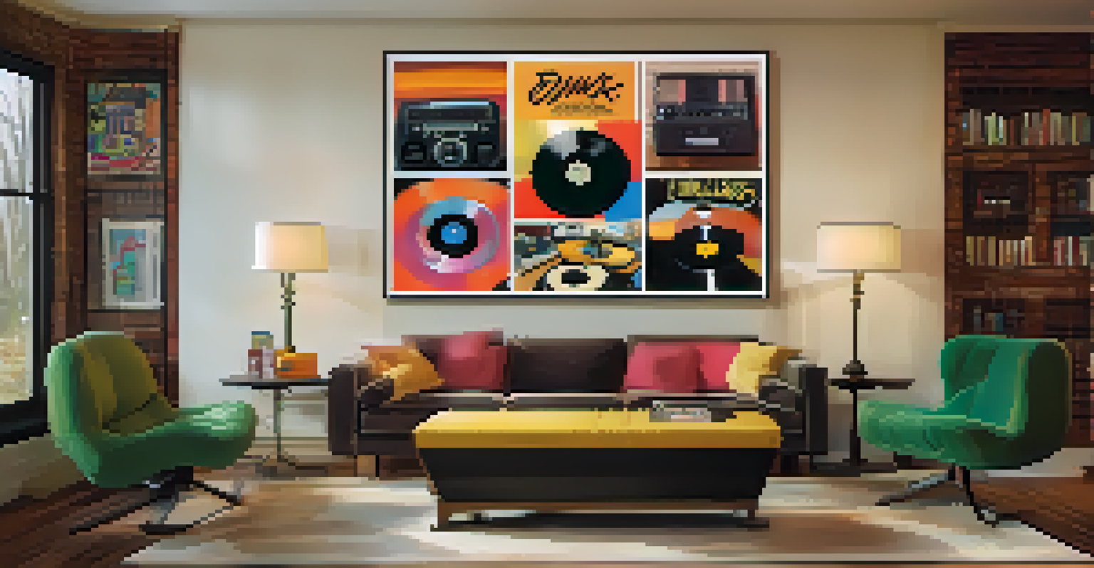 A close-up of a vinyl record labeled 'Funk Classics' on a turntable, set in a cozy retro-inspired living room filled with music memorabilia.