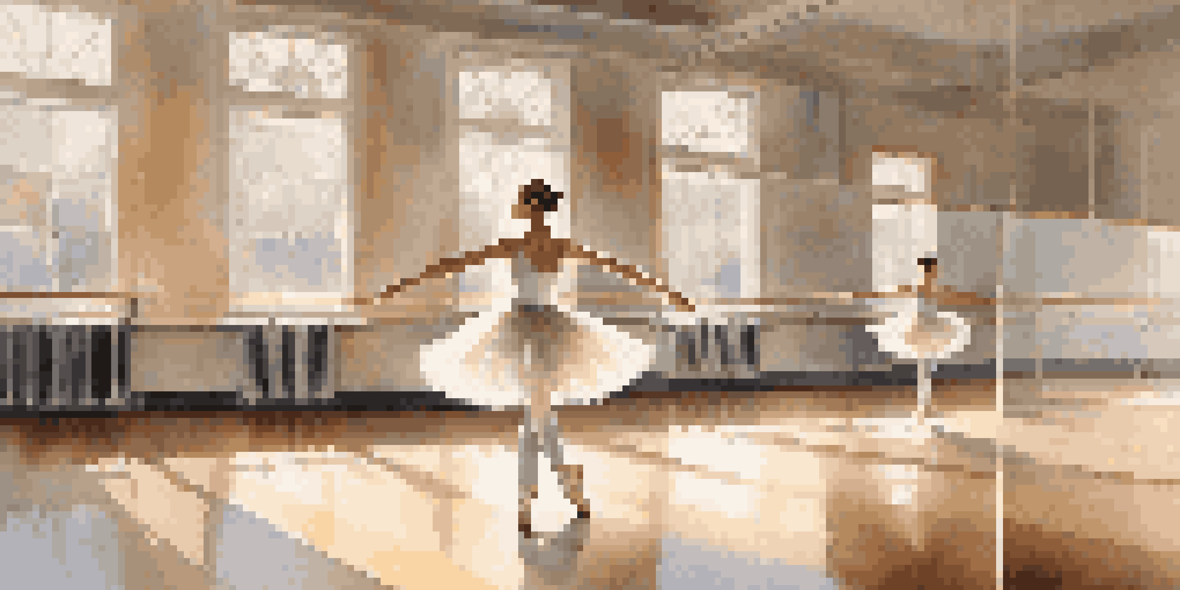 A ballerina practicing in a dance studio with sunlight streaming through the windows, reflecting in the mirrors.