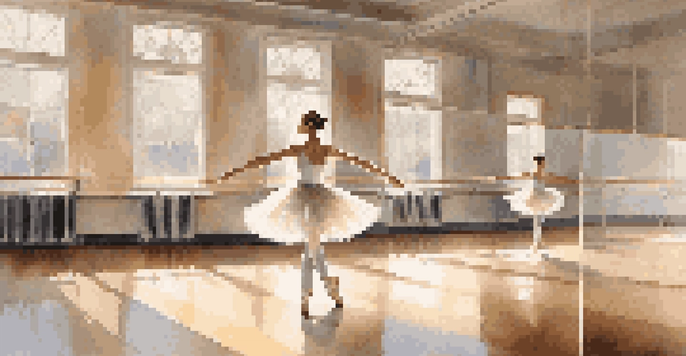 A ballerina practicing in a dance studio with sunlight streaming through the windows, reflecting in the mirrors.