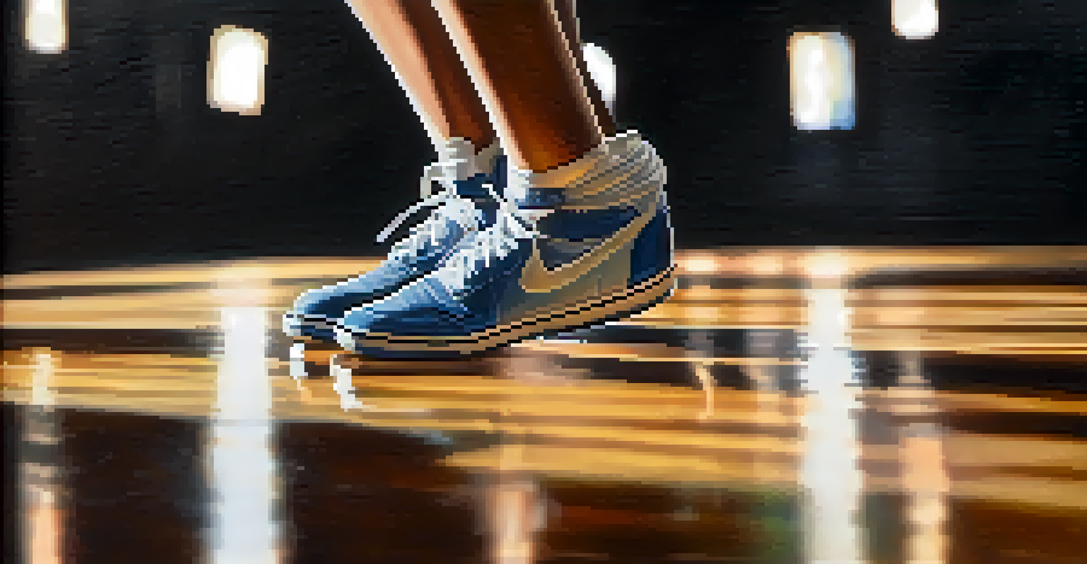 A close-up of a dancer's feet showcasing hip hop moves on a wooden floor, with colorful sneakers and dramatic lighting emphasizing the footwork.