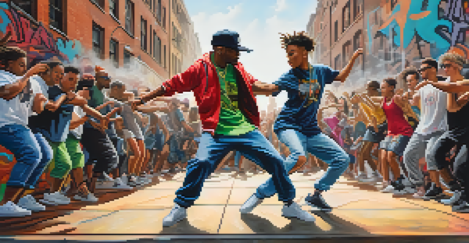 Two dancers engaged in a hip-hop dance battle in an urban setting with graffiti walls, showcasing their unique styles and surrounded by an enthusiastic crowd.
