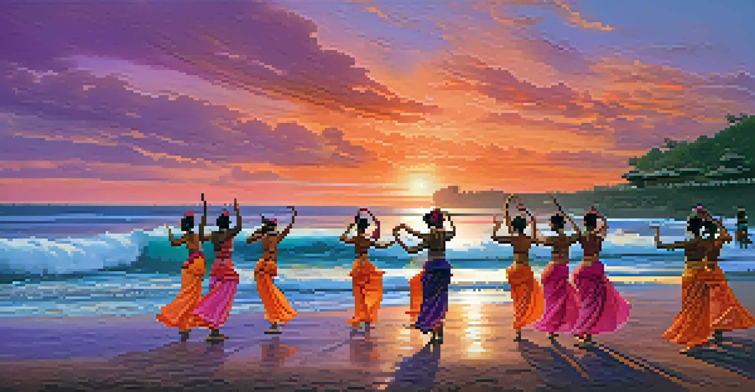 Dancers performing traditional Balinese dance on the beach during sunset, with vibrant colors in the sky and ocean waves in the background.