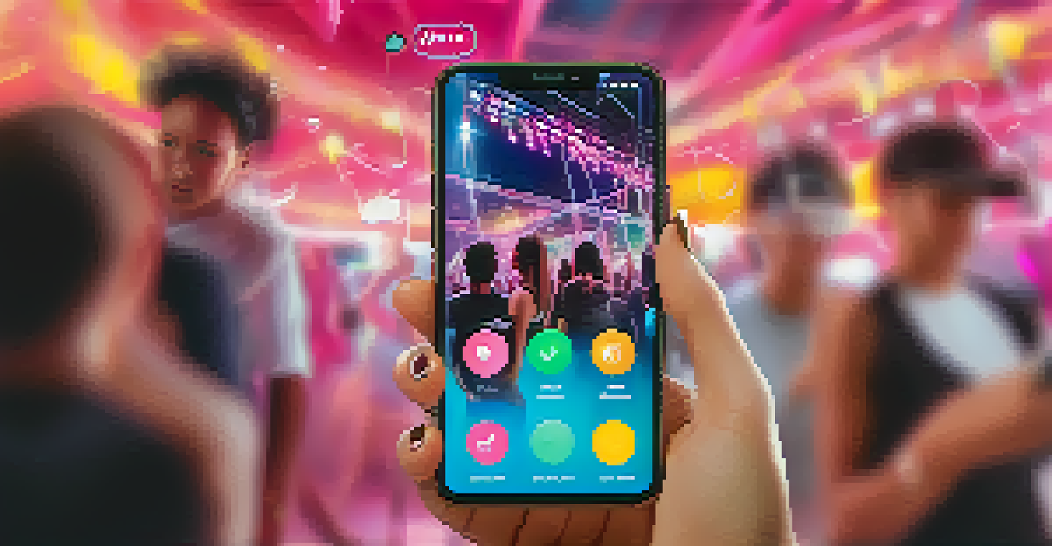 A close-up of a smartphone screen displaying a TikTok dance challenge video, surrounded by vibrant graphics and music notes, representing social media engagement.