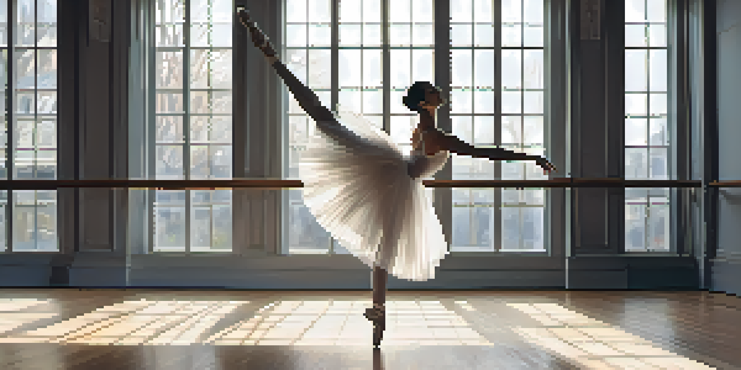 A ballet dancer in a white tutu performing an arabesque in a sunlit studio, showcasing elegance and flexibility.