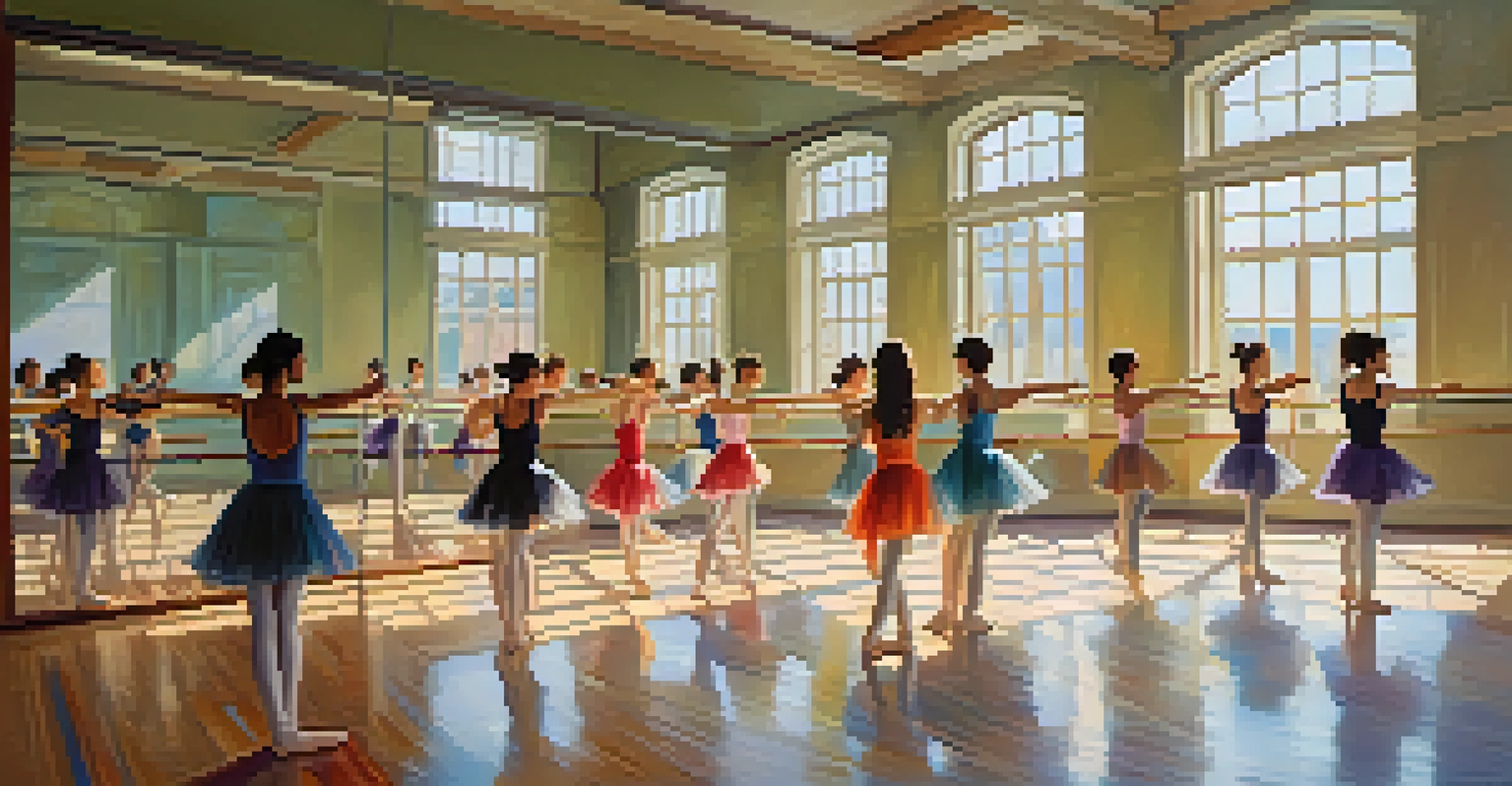 A dance studio with students of various backgrounds practicing contemporary dance, surrounded by mirrors and colorful mats.