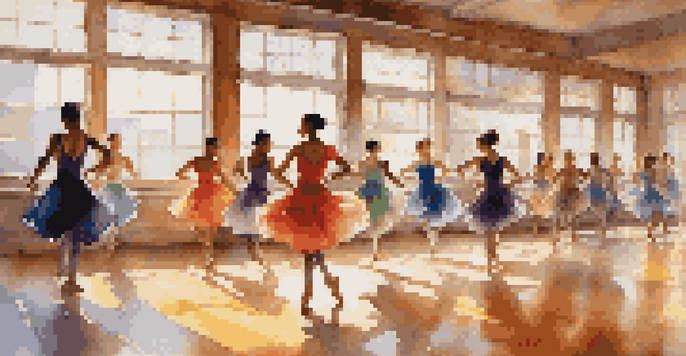 A bright dance studio filled with diverse dancers moving energetically, with sunlight pouring in through large windows.