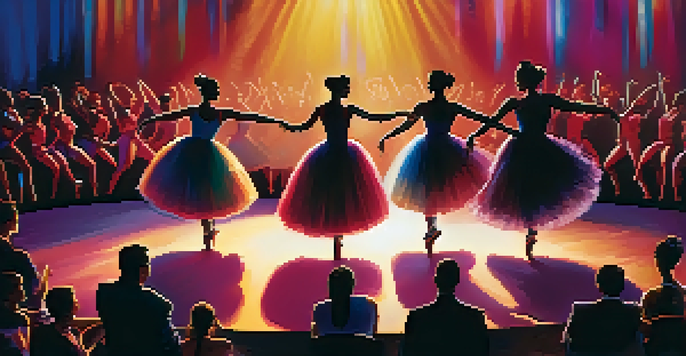 A lively dance competition with diverse dancers on stage and judges observing under soft lights.