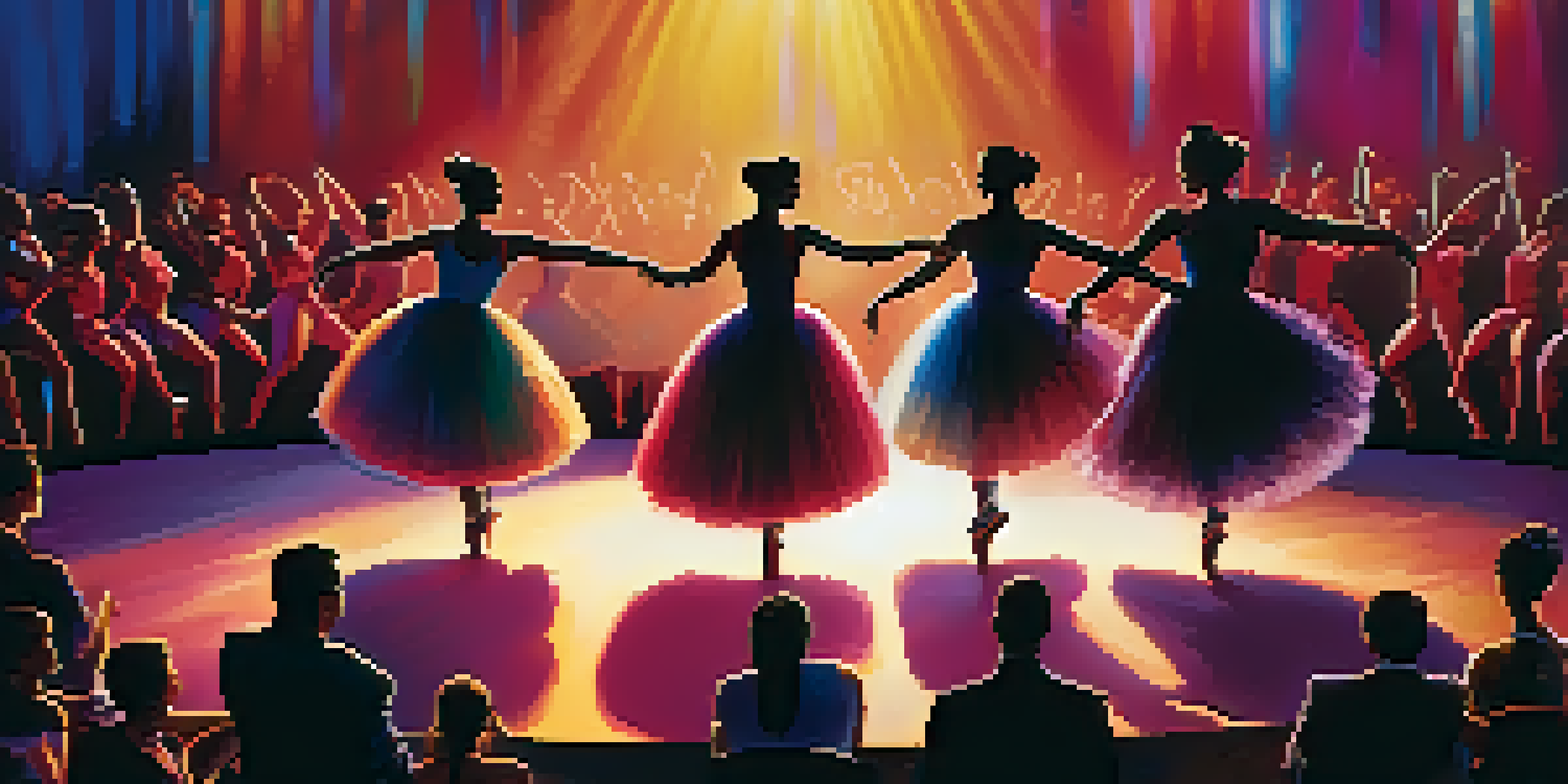 A lively dance competition with diverse dancers on stage and judges observing under soft lights.