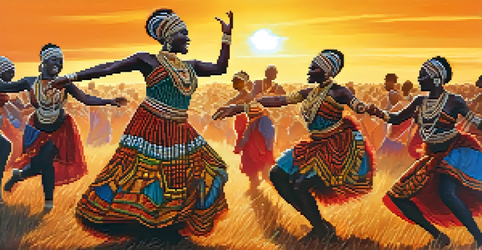 A group of dancers in colorful traditional African costumes performing in a field during sunset, with a warm golden glow illuminating their movements.