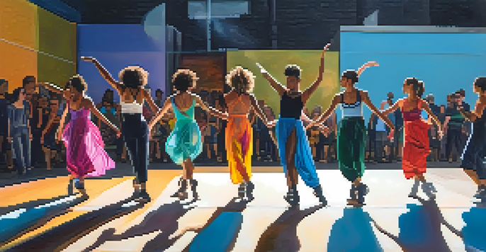 A diverse group of dancers performing contemporary dance in an urban environment with colorful lights and dynamic poses.