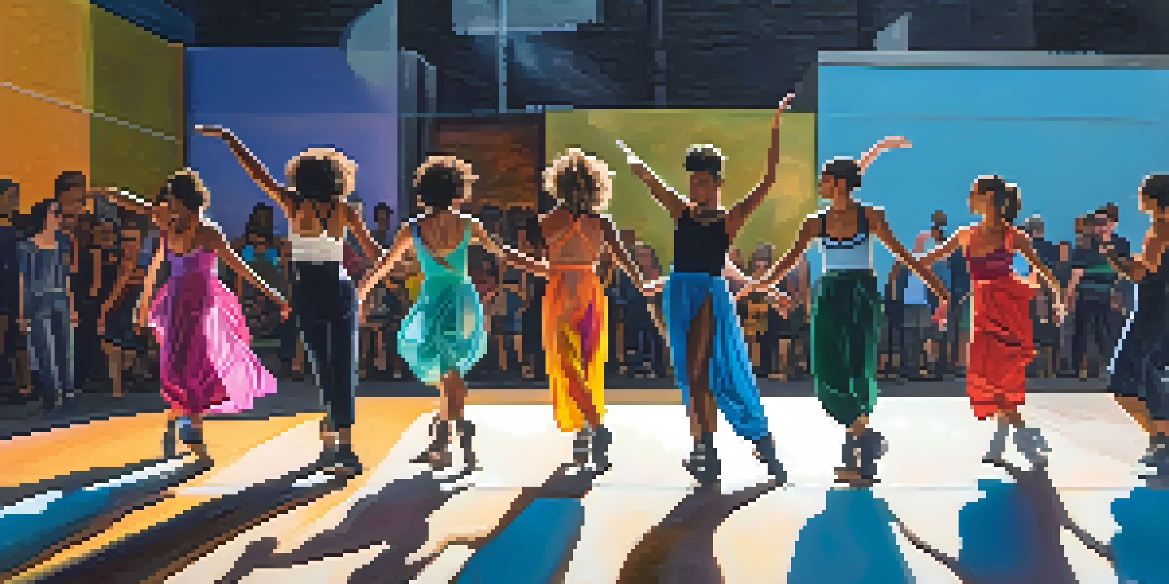 A diverse group of dancers performing contemporary dance in an urban environment with colorful lights and dynamic poses.