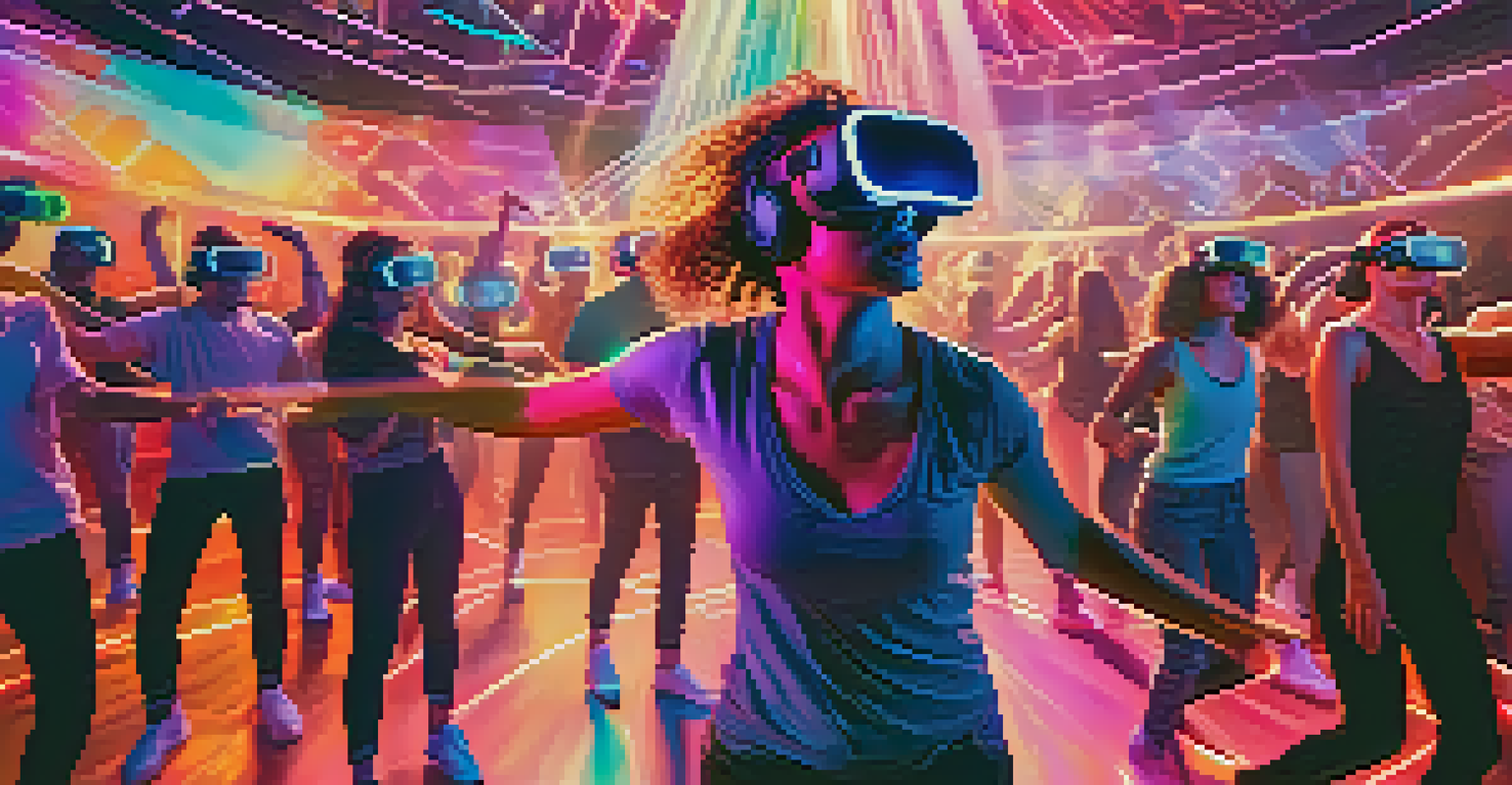 A diverse group of people wearing VR headsets, interacting with holographic dancers in a vibrant and modern environment.