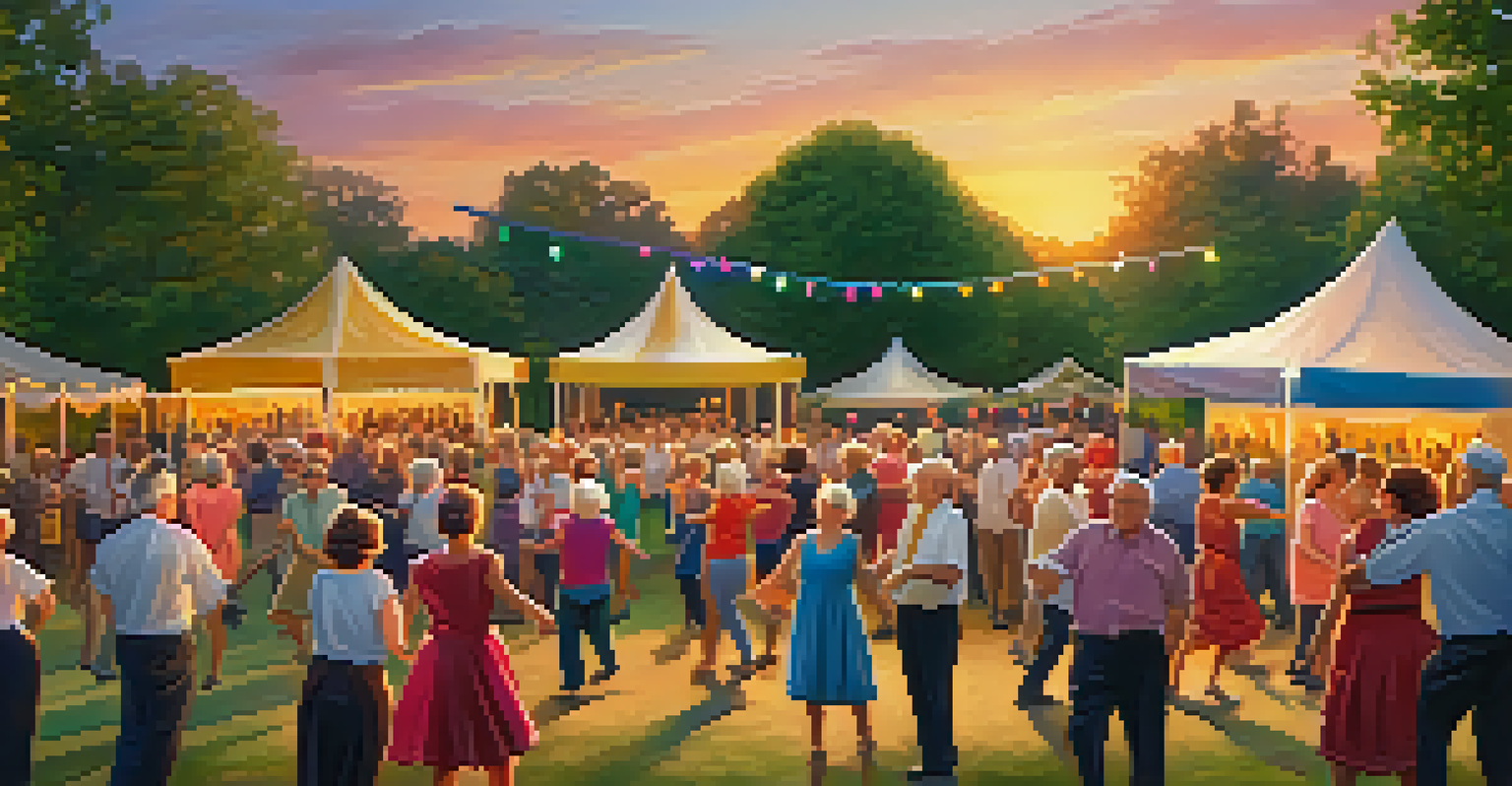 Seniors participating in a line dance at an outdoor community event during sunset, surrounded by greenery.