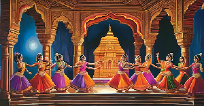 A group of traditional Indian dancers performing Bharatanatyam on stage, wearing colorful costumes and surrounded by ornate temple decor.
