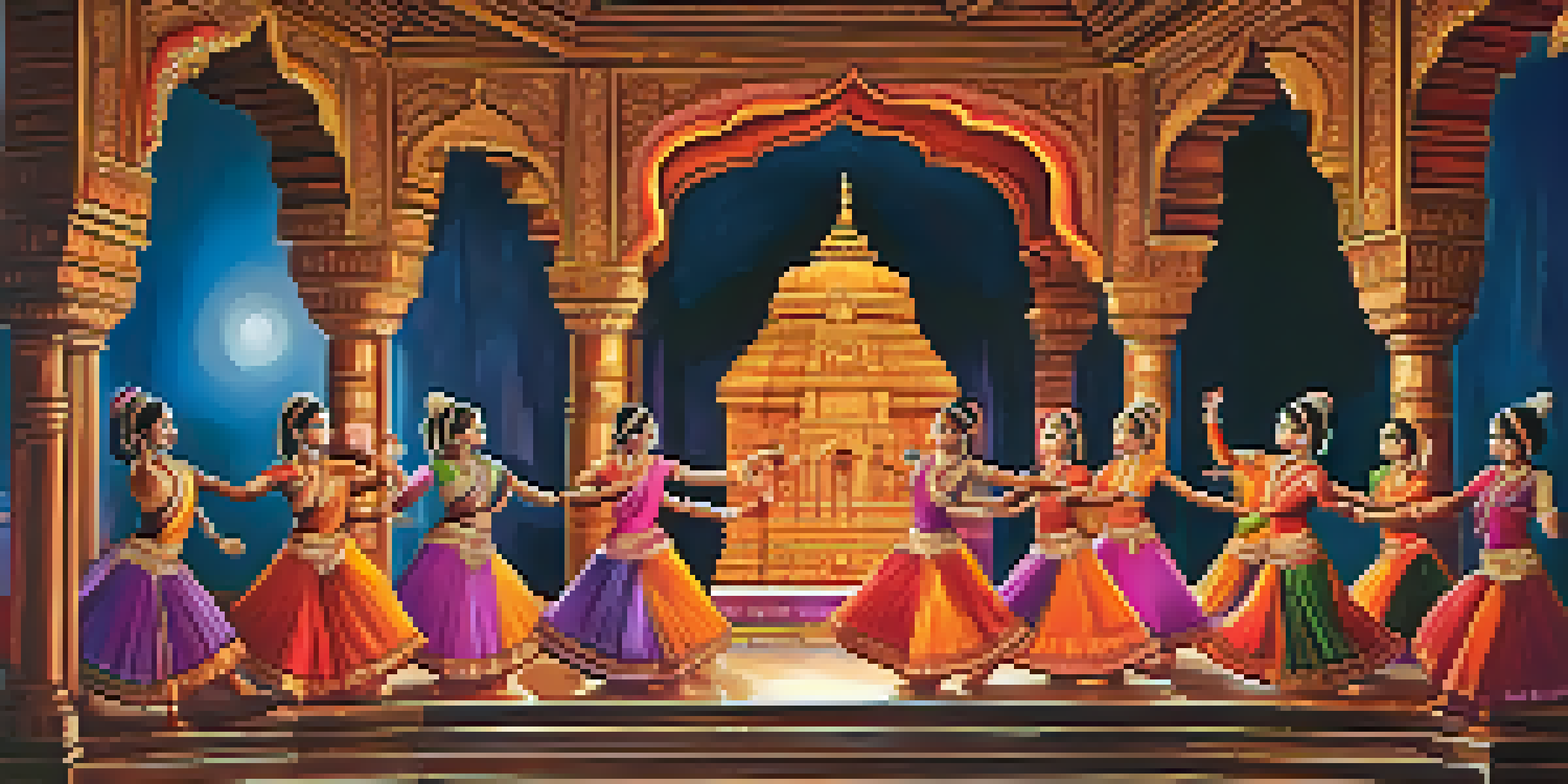 A group of traditional Indian dancers performing Bharatanatyam on stage, wearing colorful costumes and surrounded by ornate temple decor.