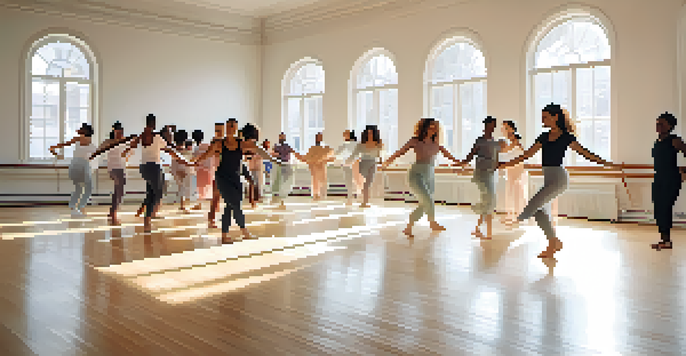 A bright and airy dance therapy studio with diverse individuals engaging in expressive movement, illuminated by natural light.