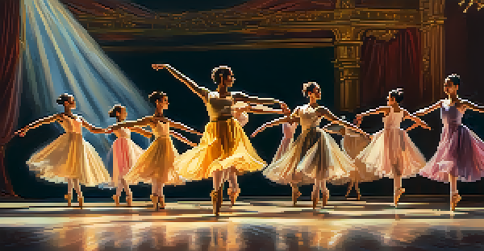 A diverse group of dancers performing in dynamic poses on a softly lit theater stage, showcasing a blend of classical ballet and contemporary styles.