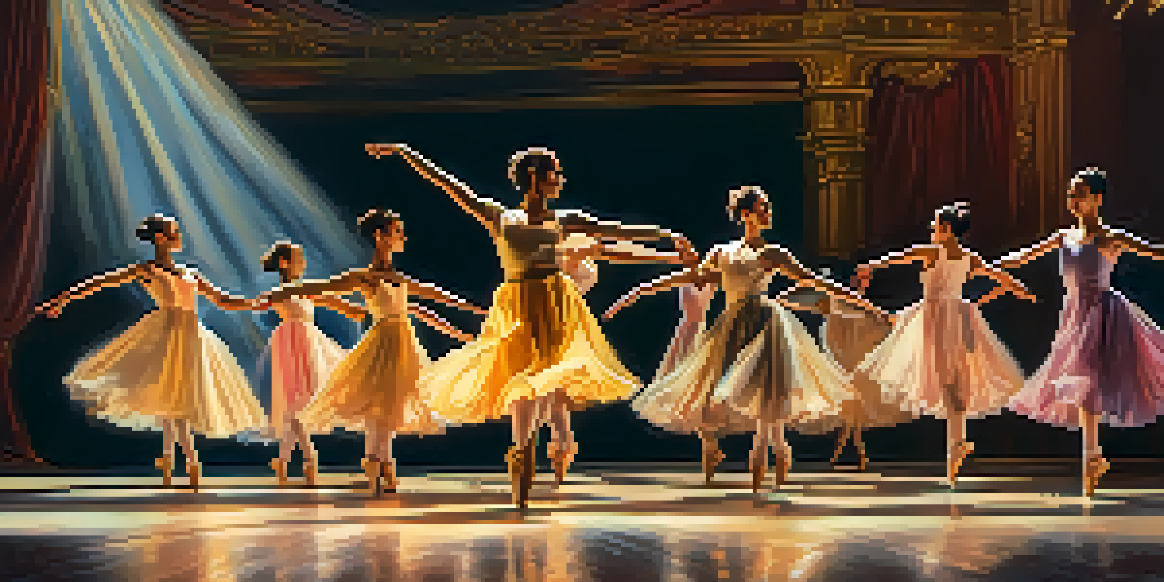 A diverse group of dancers performing in dynamic poses on a softly lit theater stage, showcasing a blend of classical ballet and contemporary styles.