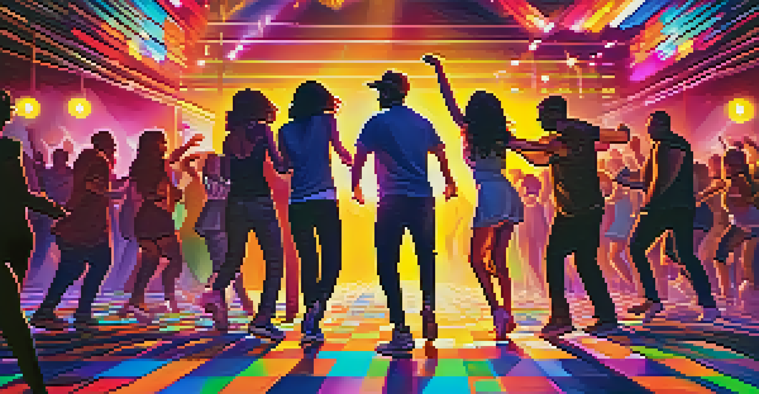 A lively dance party with a diverse crowd dancing under colorful lights, with a DJ booth and vibrant visuals in the background.