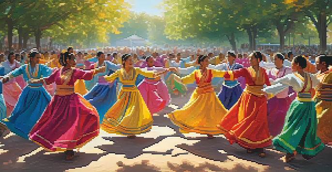 A lively outdoor dance event with dancers in colorful costumes, surrounded by a cheering crowd and banners about health awareness.