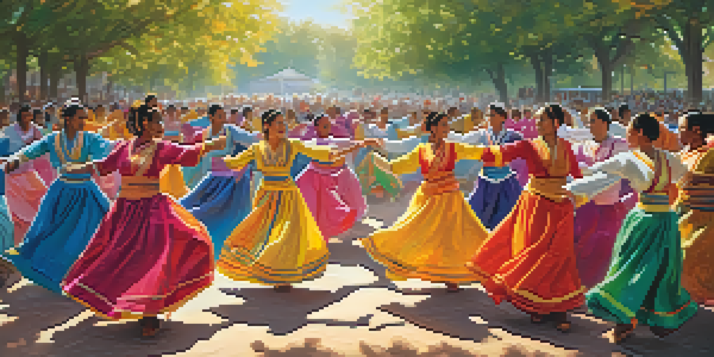 A lively outdoor dance event with dancers in colorful costumes, surrounded by a cheering crowd and banners about health awareness.