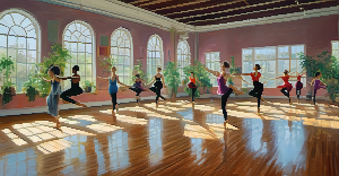 A bright dance studio with dancers of different backgrounds moving joyfully, surrounded by mirrors and natural light.