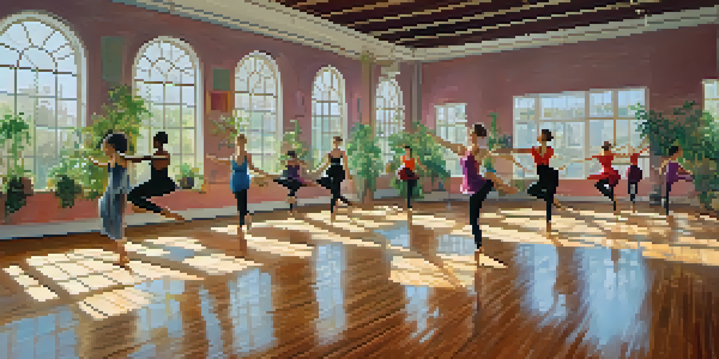 A bright dance studio with dancers of different backgrounds moving joyfully, surrounded by mirrors and natural light.