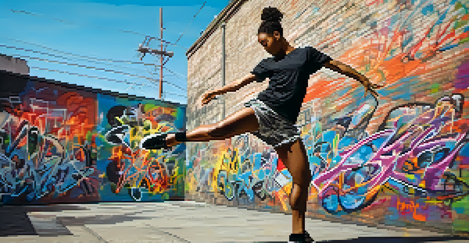 A contemporary dancer improvising against a colorful graffiti backdrop in an urban environment.