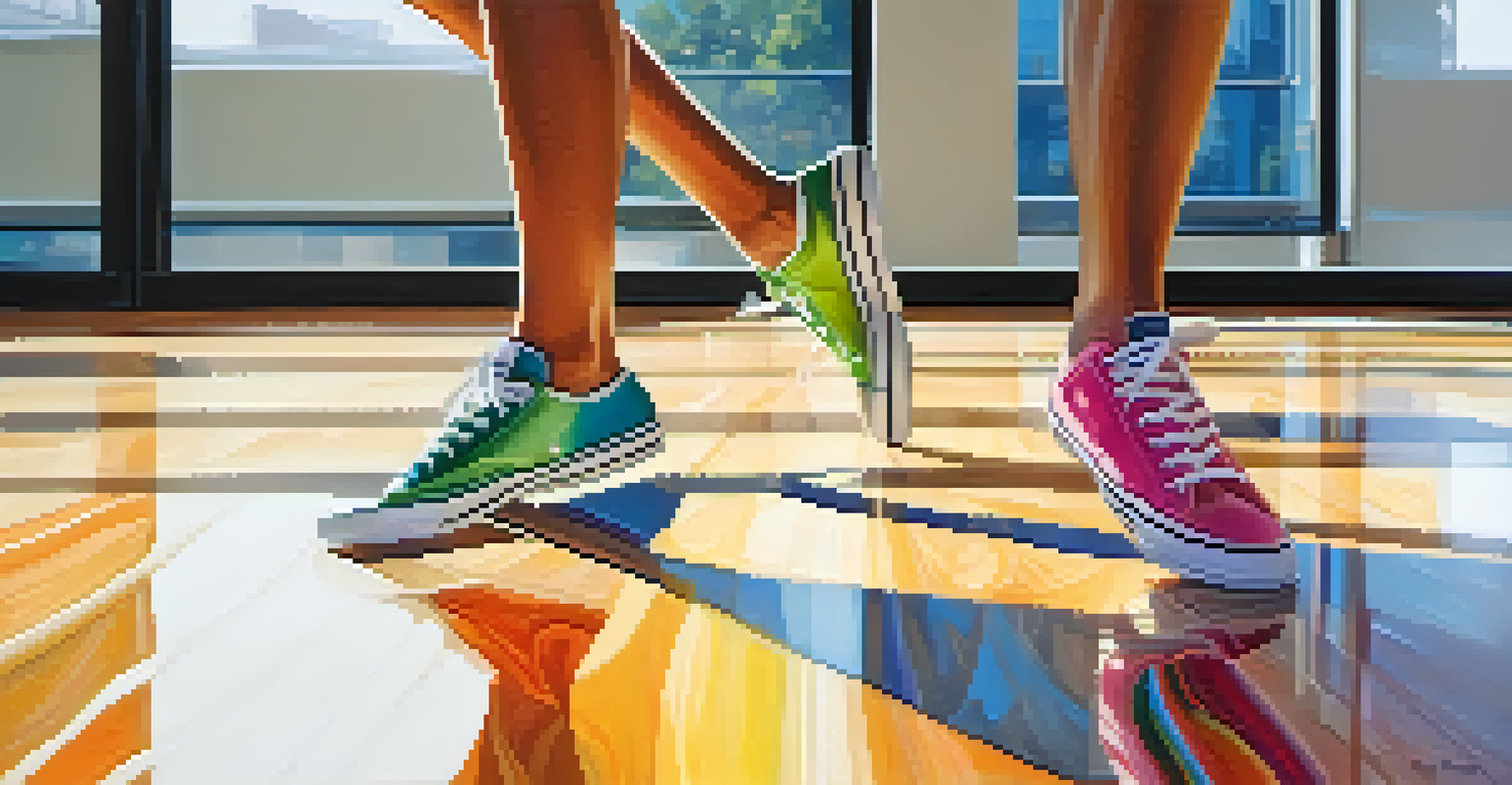 Close-up of colorful sneakers dancing on the office floor, capturing the movement and energy of a dance break.