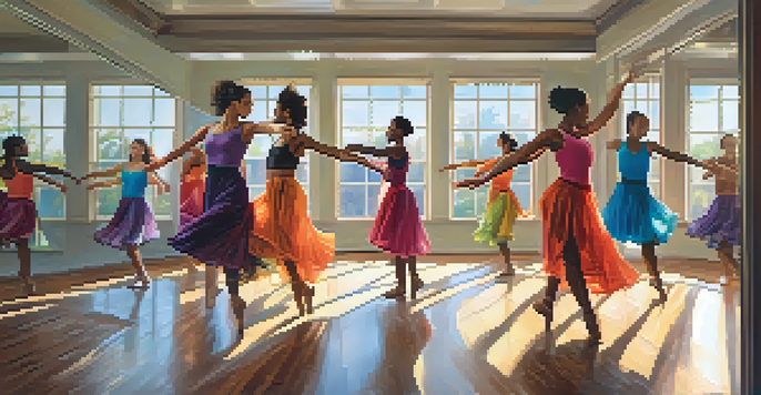 A dance studio filled with diverse dancers practicing together, illuminated by natural light.