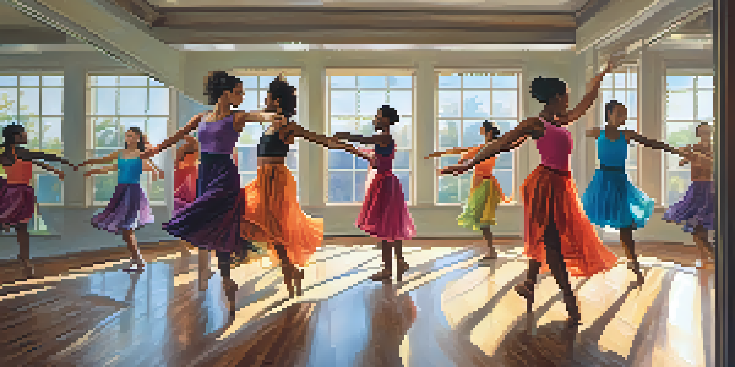 A dance studio filled with diverse dancers practicing together, illuminated by natural light.