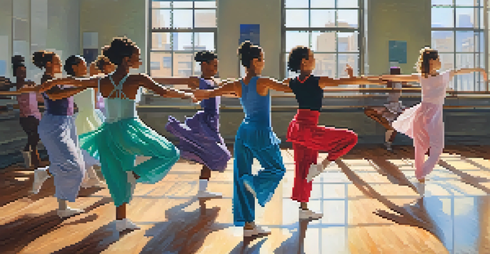 A lively dance class with diverse dancers in colorful outfits, captured in a bright studio with wooden floors and large windows.