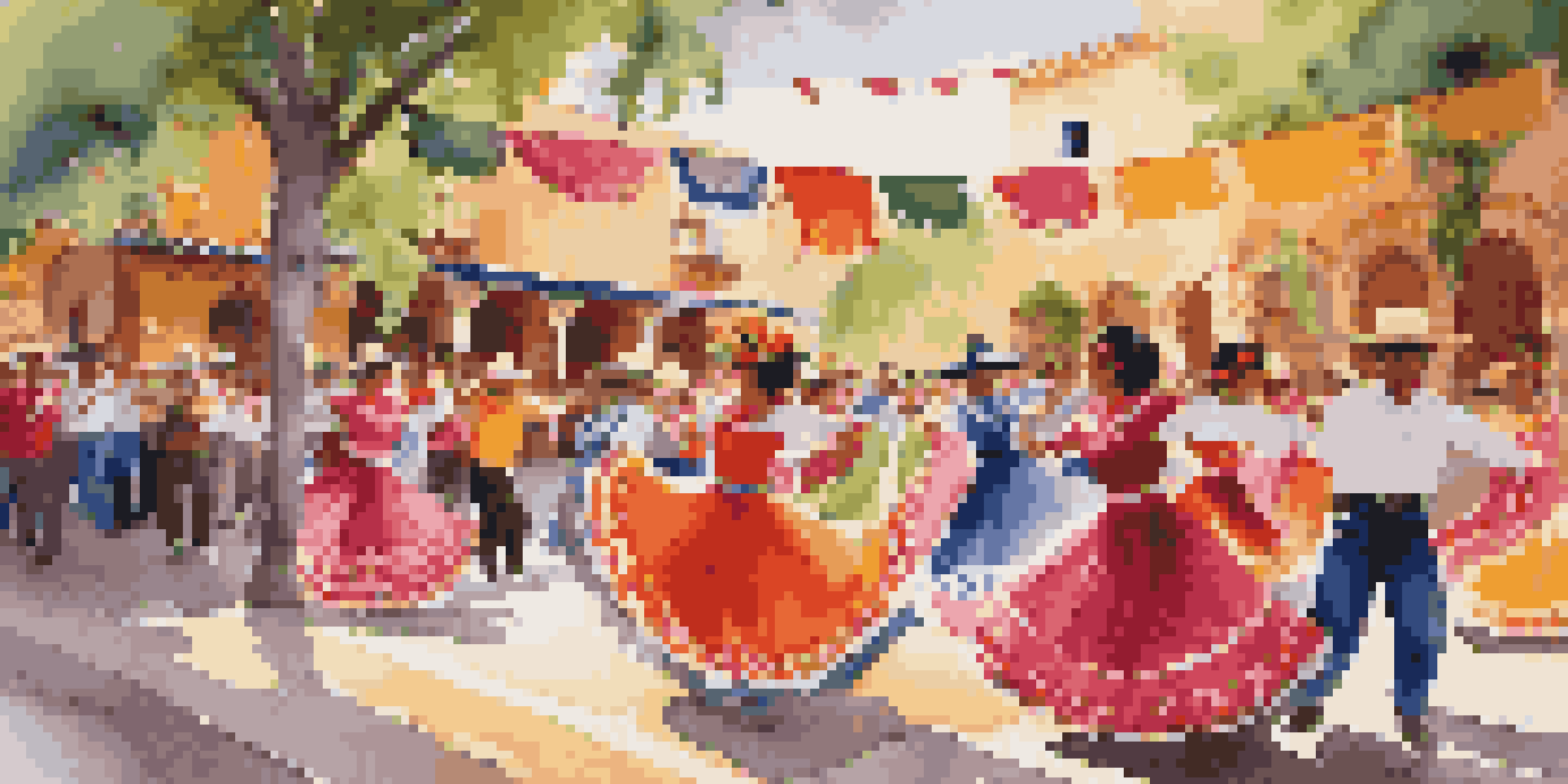 A lively Mexican folk dance with dancers in traditional colorful attire and sombreros, performing in a sunlit plaza with decorative paper banners.