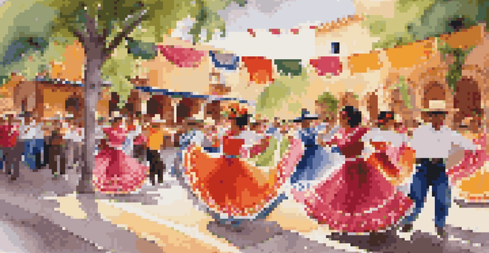 A lively Mexican folk dance with dancers in traditional colorful attire and sombreros, performing in a sunlit plaza with decorative paper banners.