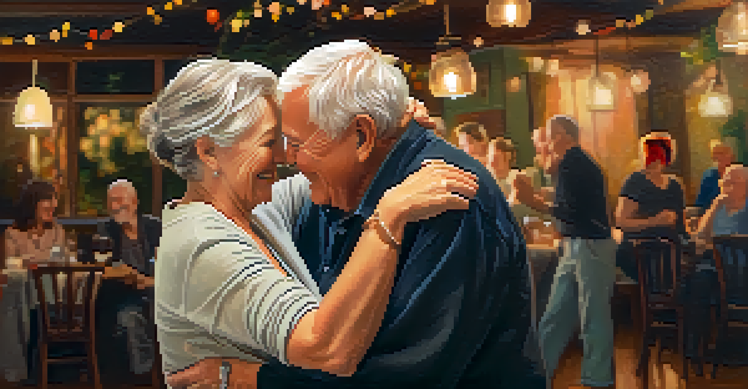 Two older adults dancing together in a cozy, softly lit environment, showcasing warmth and connection.