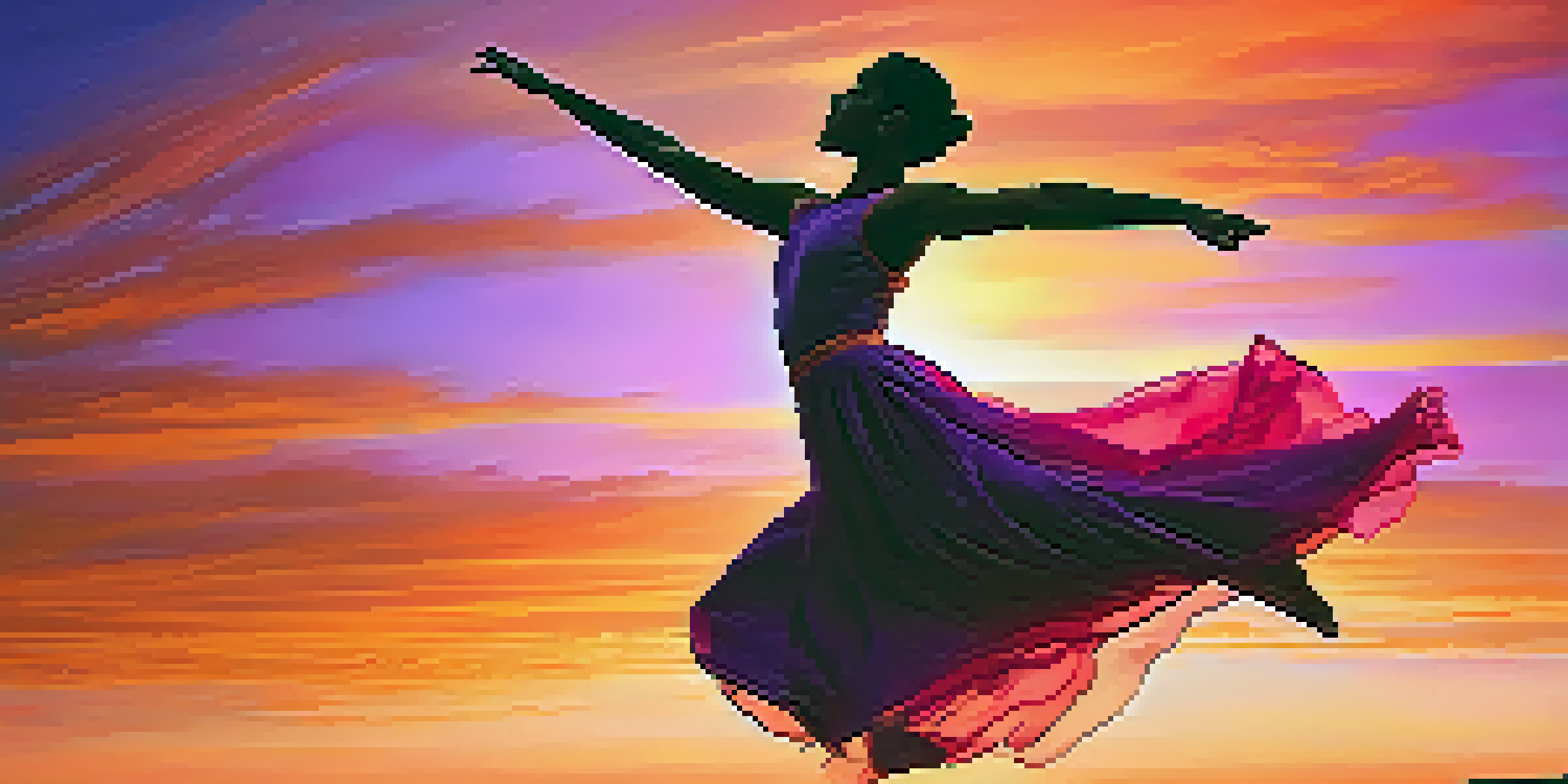 A contemporary dancer leaping joyfully against a colorful sunset, with flowing costume and vibrant colors.