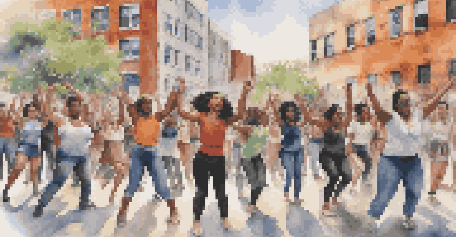 A dance activism performance in an urban area, with diverse dancers expressing solidarity in front of a mural about social justice.