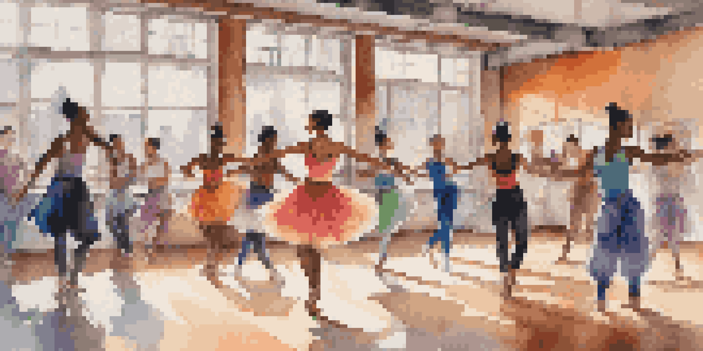A diverse group of dancers performing together in a brightly lit studio, blending different dance styles.
