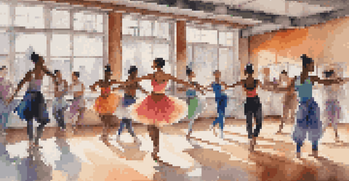 A diverse group of dancers performing together in a brightly lit studio, blending different dance styles.